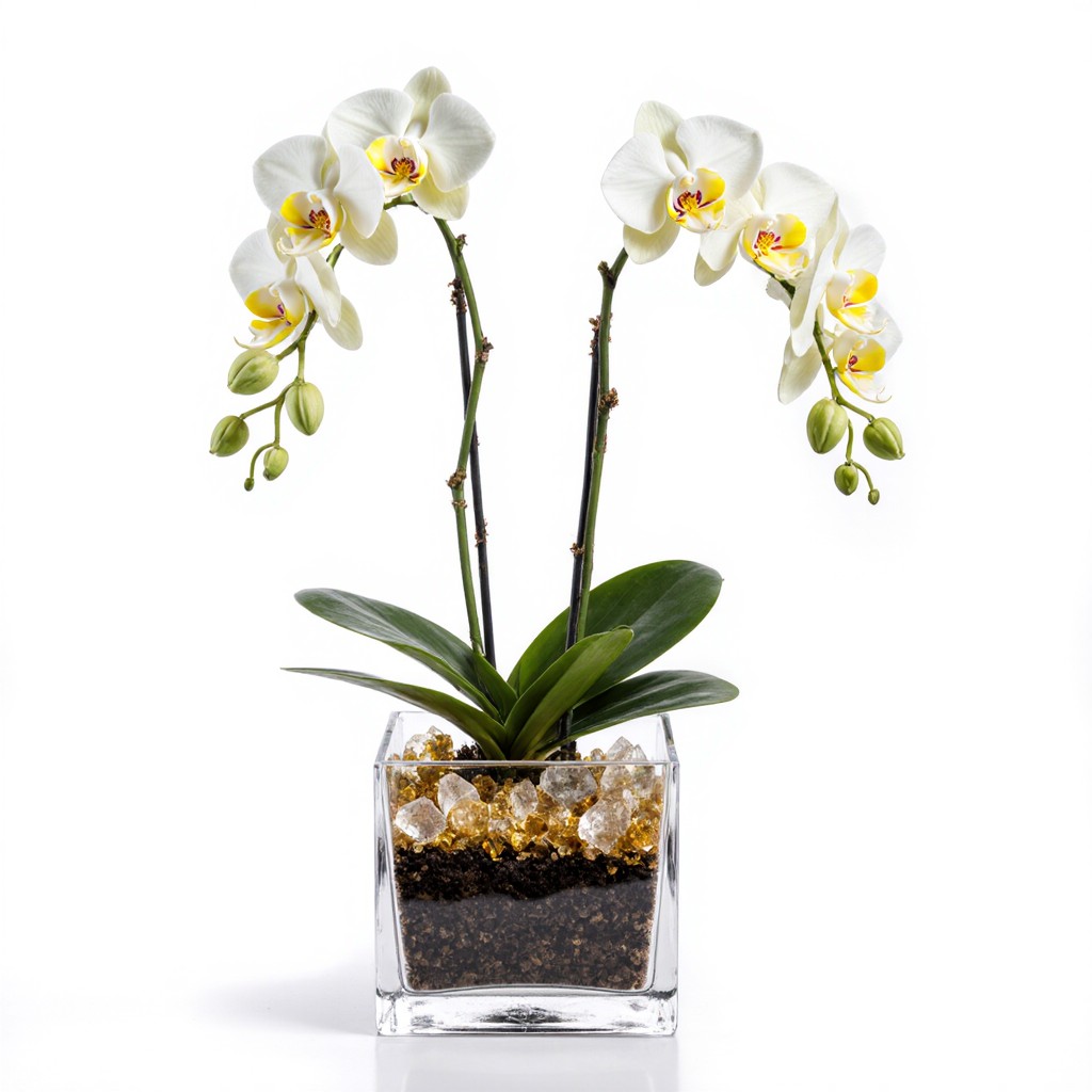 Live Mixed White & Yellow Orchid with Citrine & Clear Quartz Accent - Double Stem