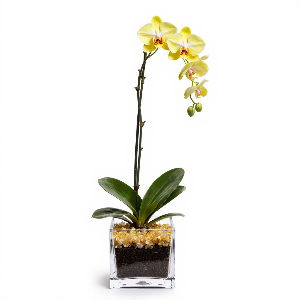 Live Yellow Orchid with Citrine Crystal Accent - Single Stem