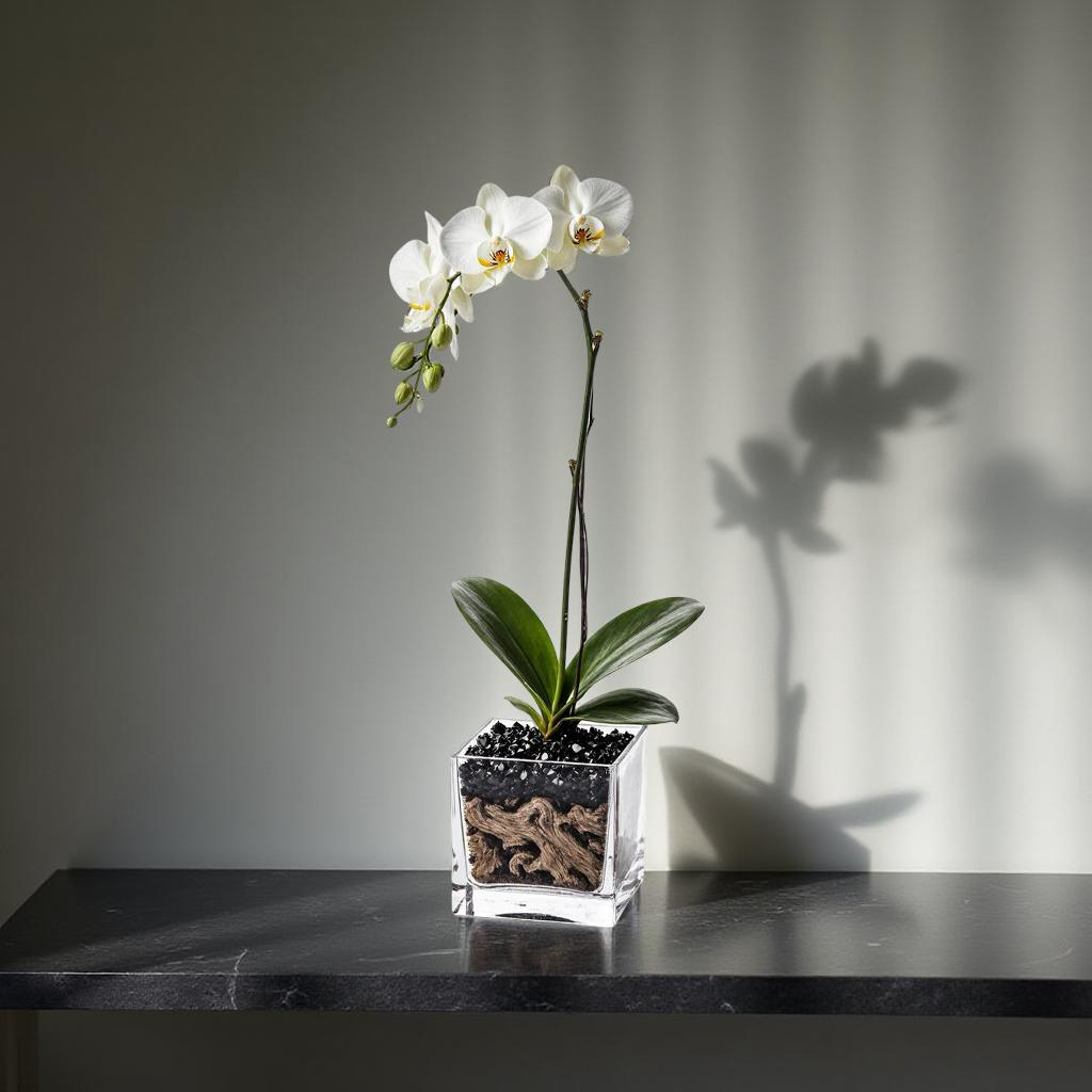 Live White Orchid with Black Obsidian Crystal Accent - Single Stem
