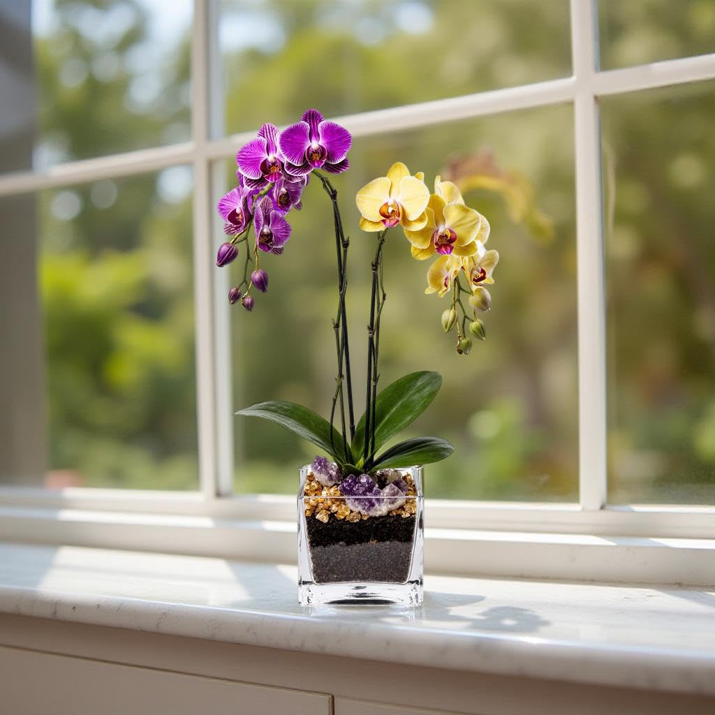 Live Double Stem Phalaenopsis Orchid Plant - Premium Indoor Flowering Plant with Crystal Accents, Easy Care Houseplant for Home Office Decor