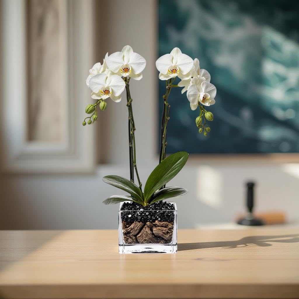 Live Double Stem Phalaenopsis Orchid Plant - Premium Indoor Flowering Plant with Crystal Accents, Easy Care Houseplant for Home Office Decor