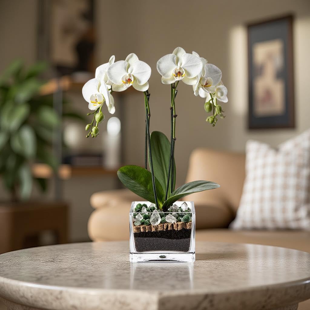 Live Double Stem Phalaenopsis Orchid Plant - Premium Indoor Flowering Plant with Crystal Accents, Easy Care Houseplant for Home Office Decor
