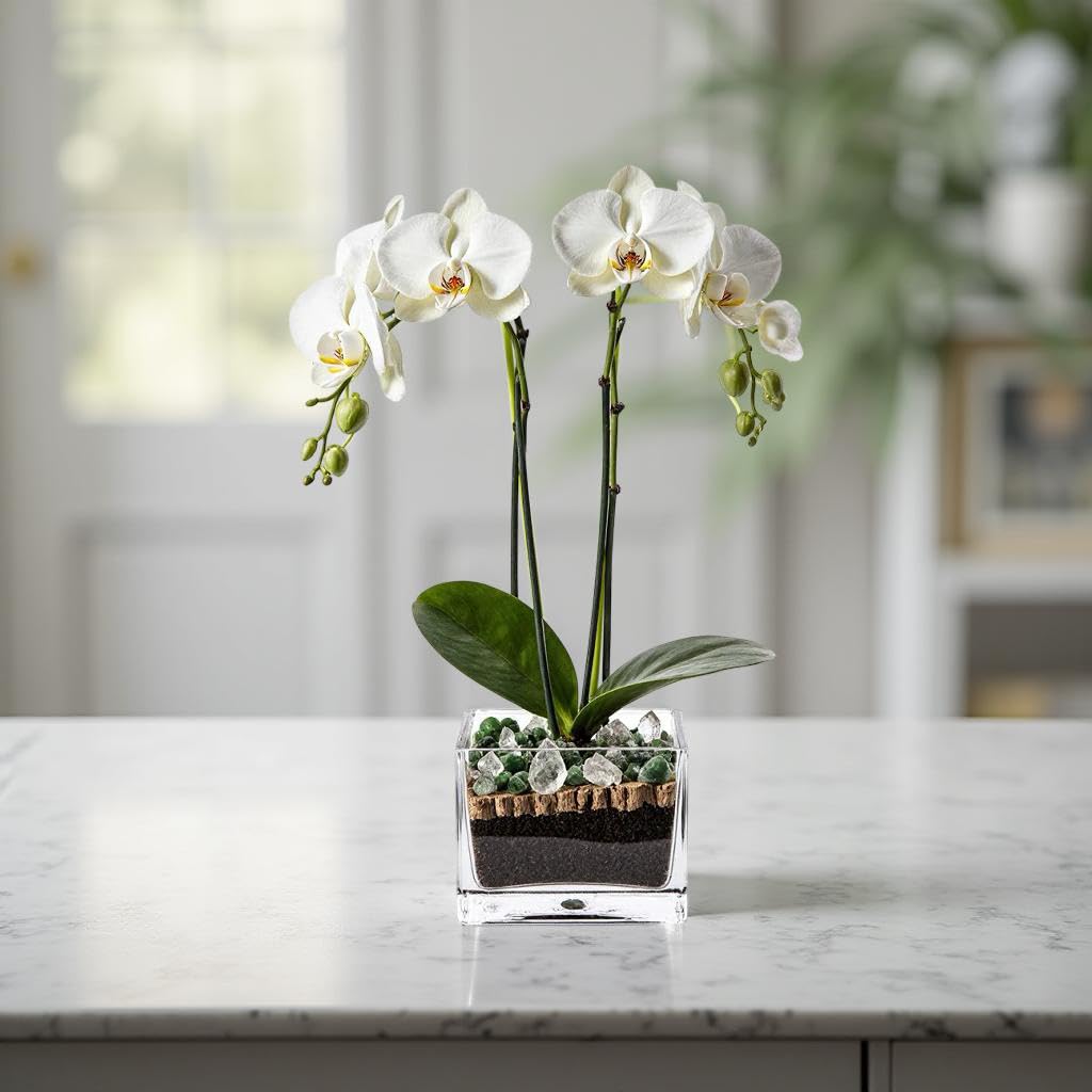 Live Double Stem Phalaenopsis Orchid Plant - Premium Indoor Flowering Plant with Crystal Accents, Easy Care Houseplant for Home Office Decor