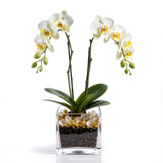 Live Mixed White & Yellow Orchid with Citrine & Clear Quartz Accent - Double Stem