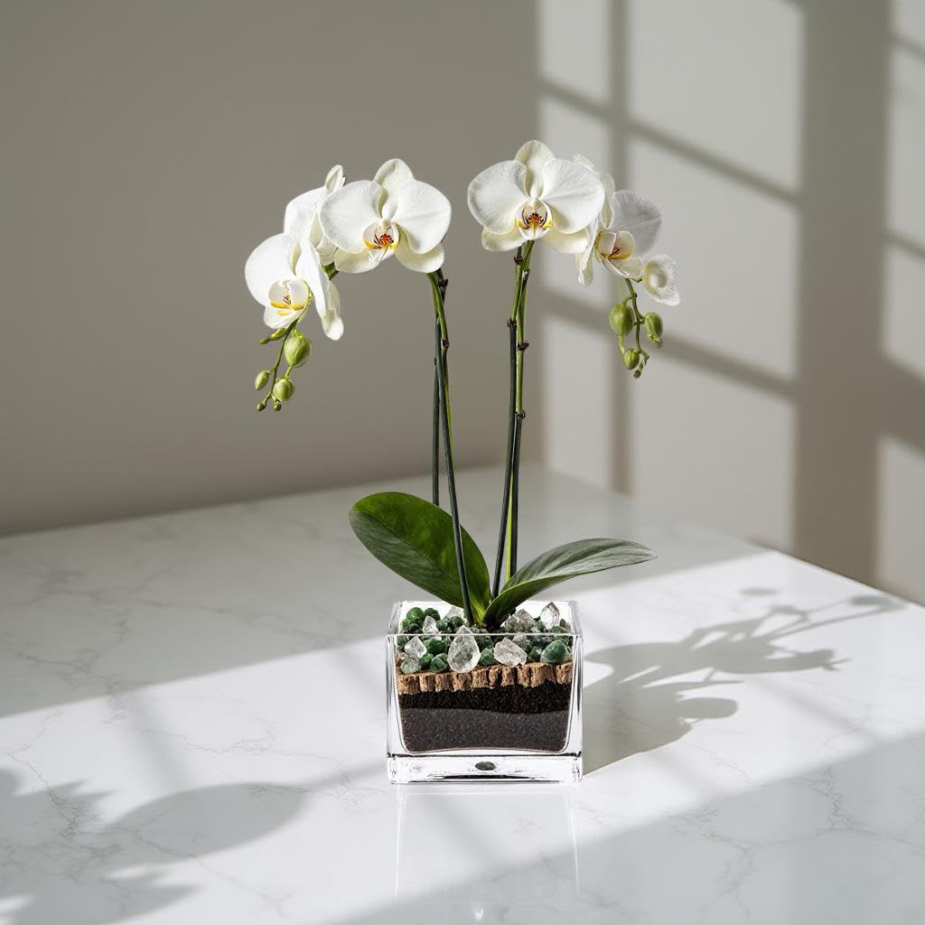 Live Double Stem Phalaenopsis Orchid Plant - Premium Indoor Flowering Plant with Crystal Accents, Easy Care Houseplant for Home Office Decor