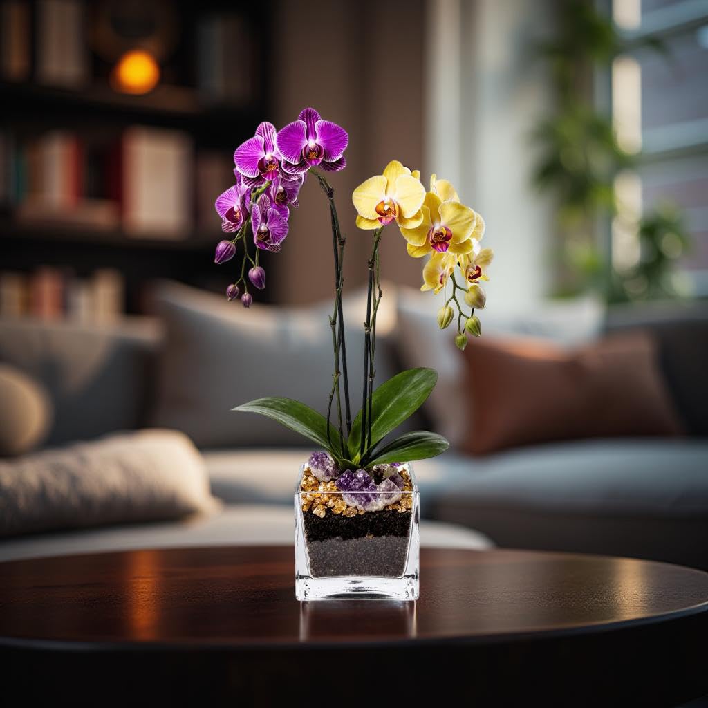 Live Double Stem Phalaenopsis Orchid Plant - Premium Indoor Flowering Plant with Crystal Accents, Easy Care Houseplant for Home Office Decor