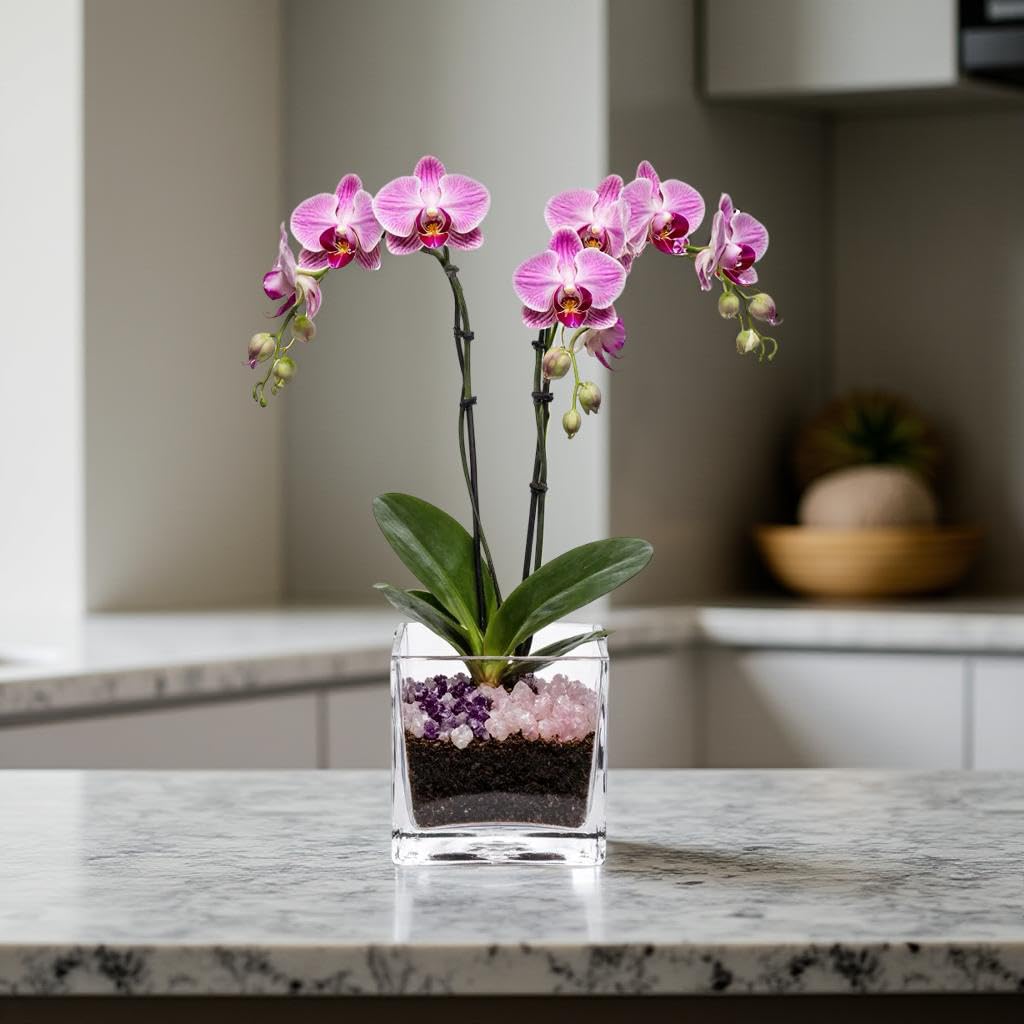 Live Double Stem Phalaenopsis Orchid Plant - Premium Indoor Flowering Plant with Crystal Accents, Easy Care Houseplant for Home Office Decor