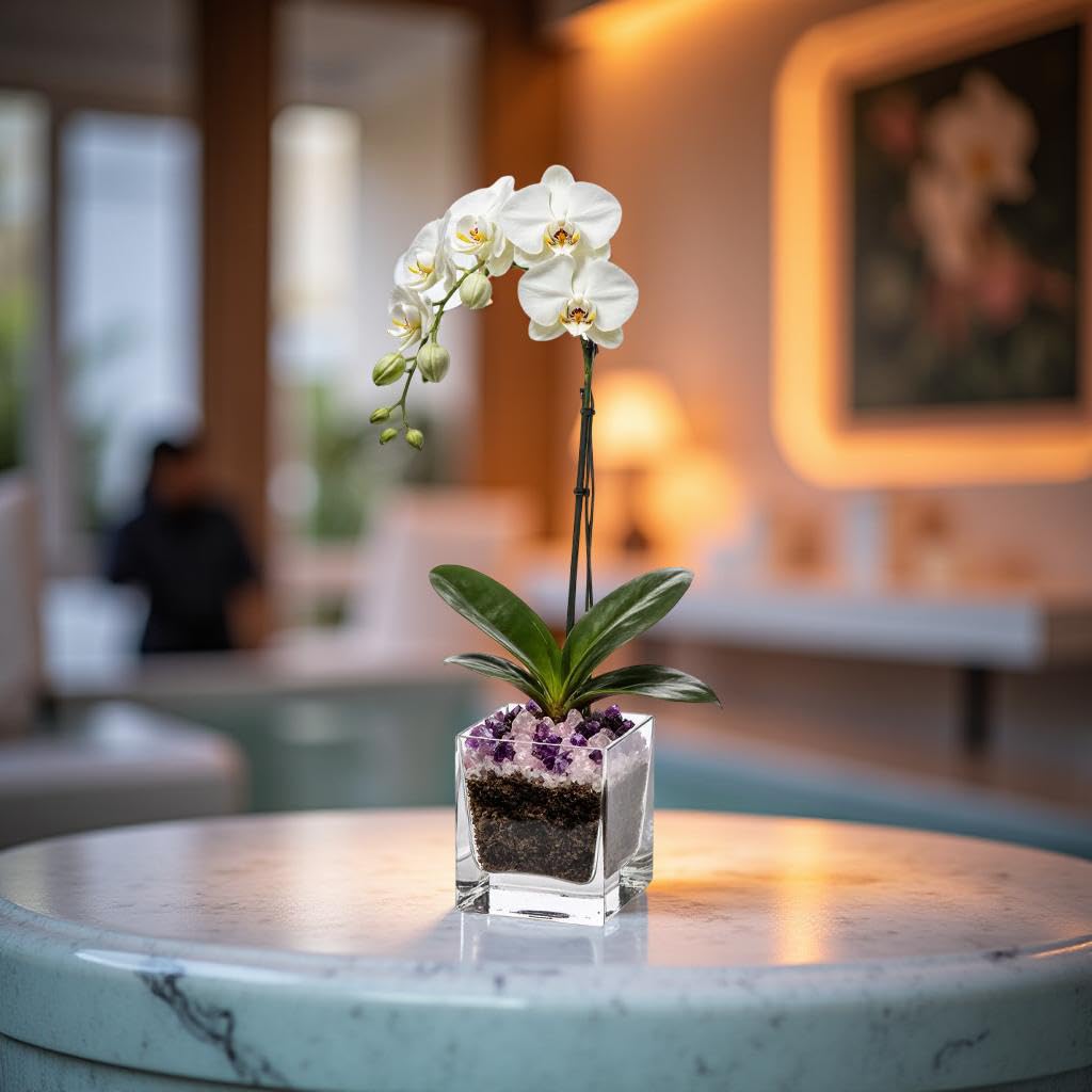 Live Phalaenopsis Orchid Plant - Premium Single Stem with Crystal Accent - Easy Care Indoor Houseplant -Birthday Gift