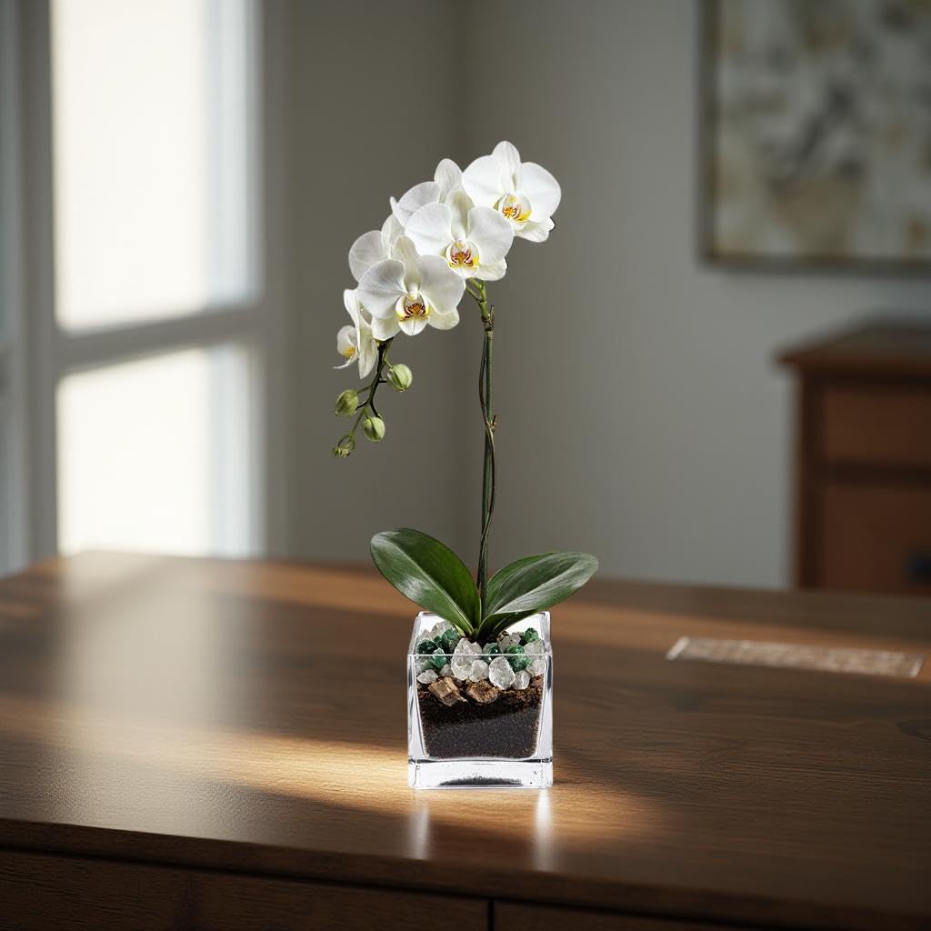 Blooming White Orchid Plant with Green Aventurine and Clear Quartz Crystal Set, Live Indoor Plant with Healing Stones for Home Decor, Meditation, Feng Shui