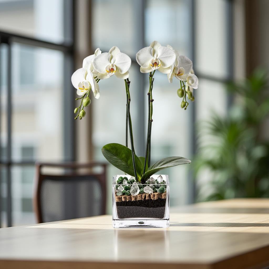 Live Double Stem Phalaenopsis Orchid Plant - Premium Indoor Flowering Plant with Crystal Accents, Easy Care Houseplant for Home Office Decor