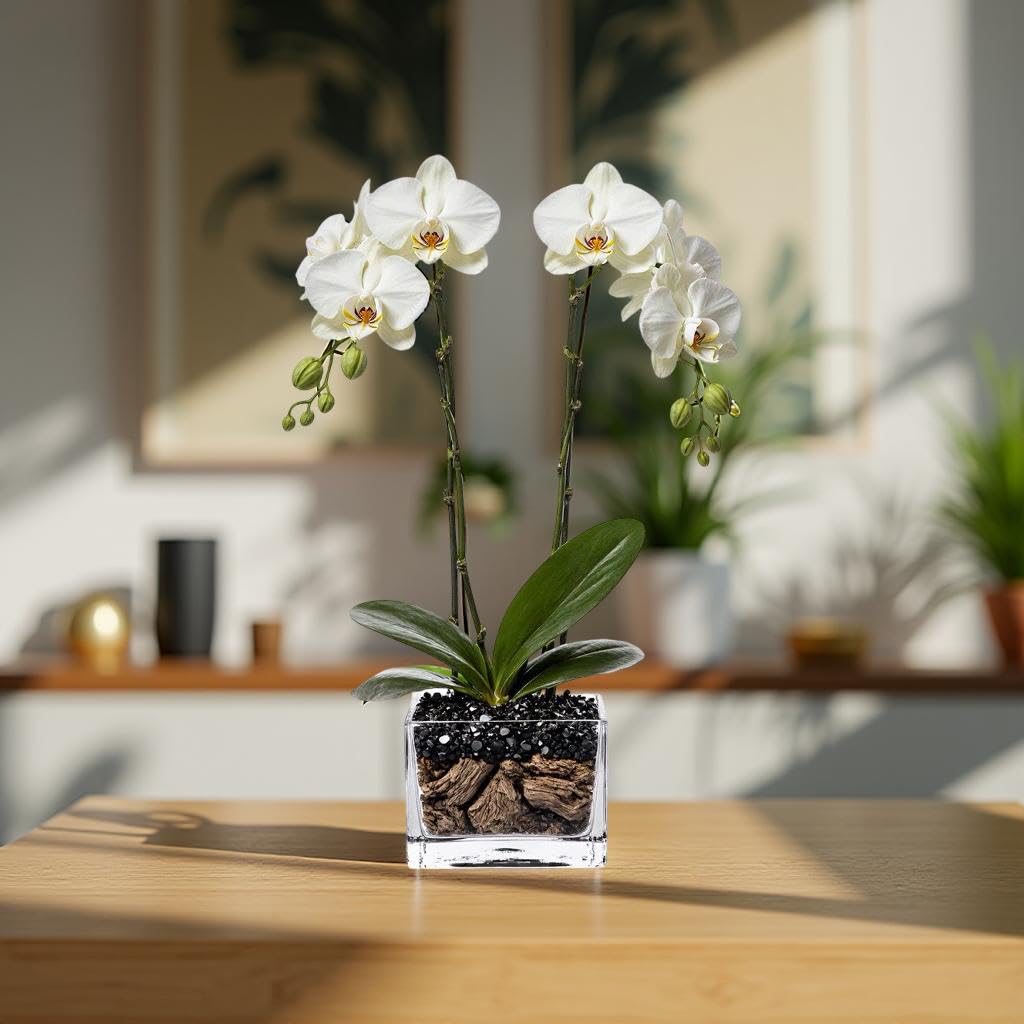 Live Double Stem Phalaenopsis Orchid Plant - Premium Indoor Flowering Plant with Crystal Accents, Easy Care Houseplant for Home Office Decor