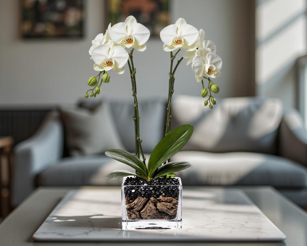 White orchid in a clear vase on a marble table with a blurred living room background