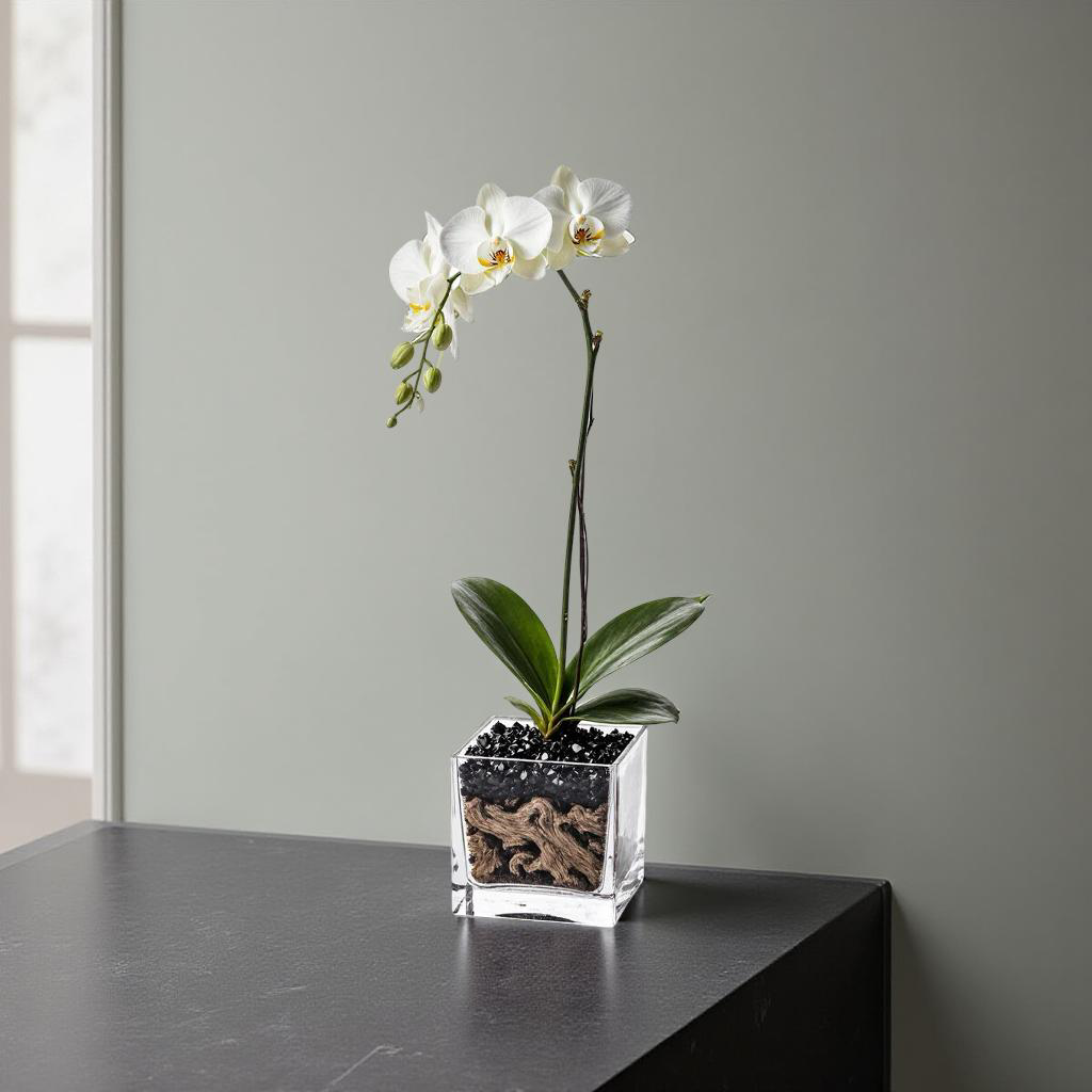 Live White Orchid with Black Obsidian Crystal Accent - Single Stem
