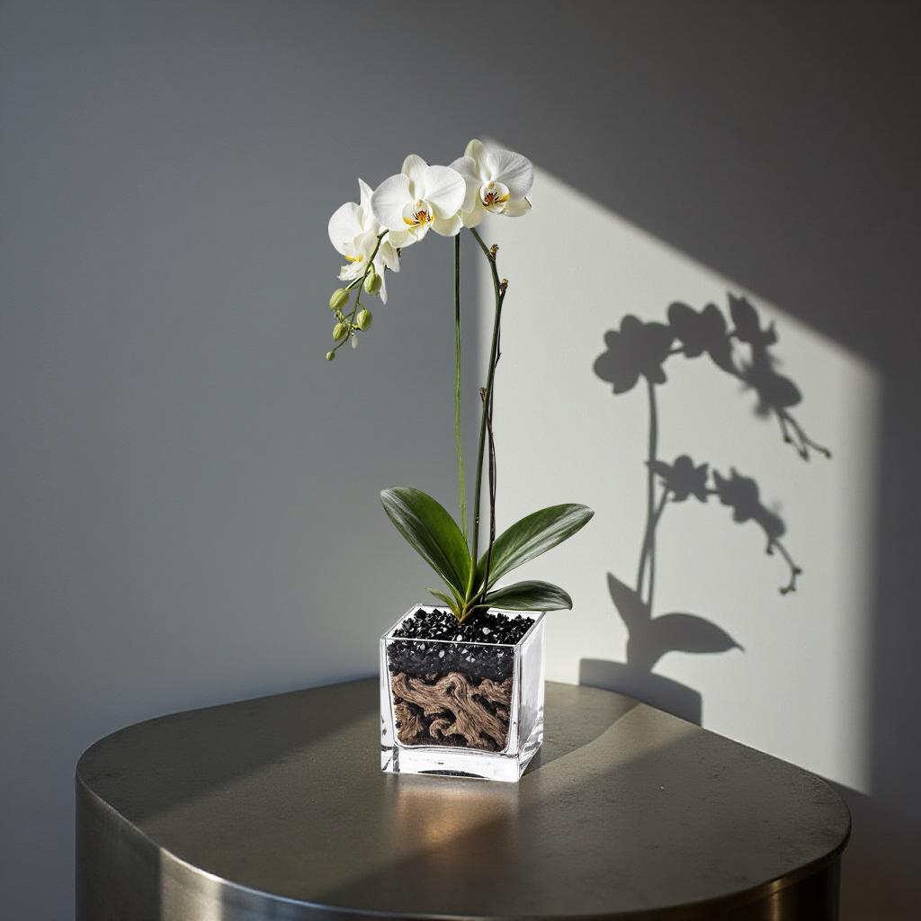 Live White Orchid with Black Obsidian Crystal Accent - Single Stem