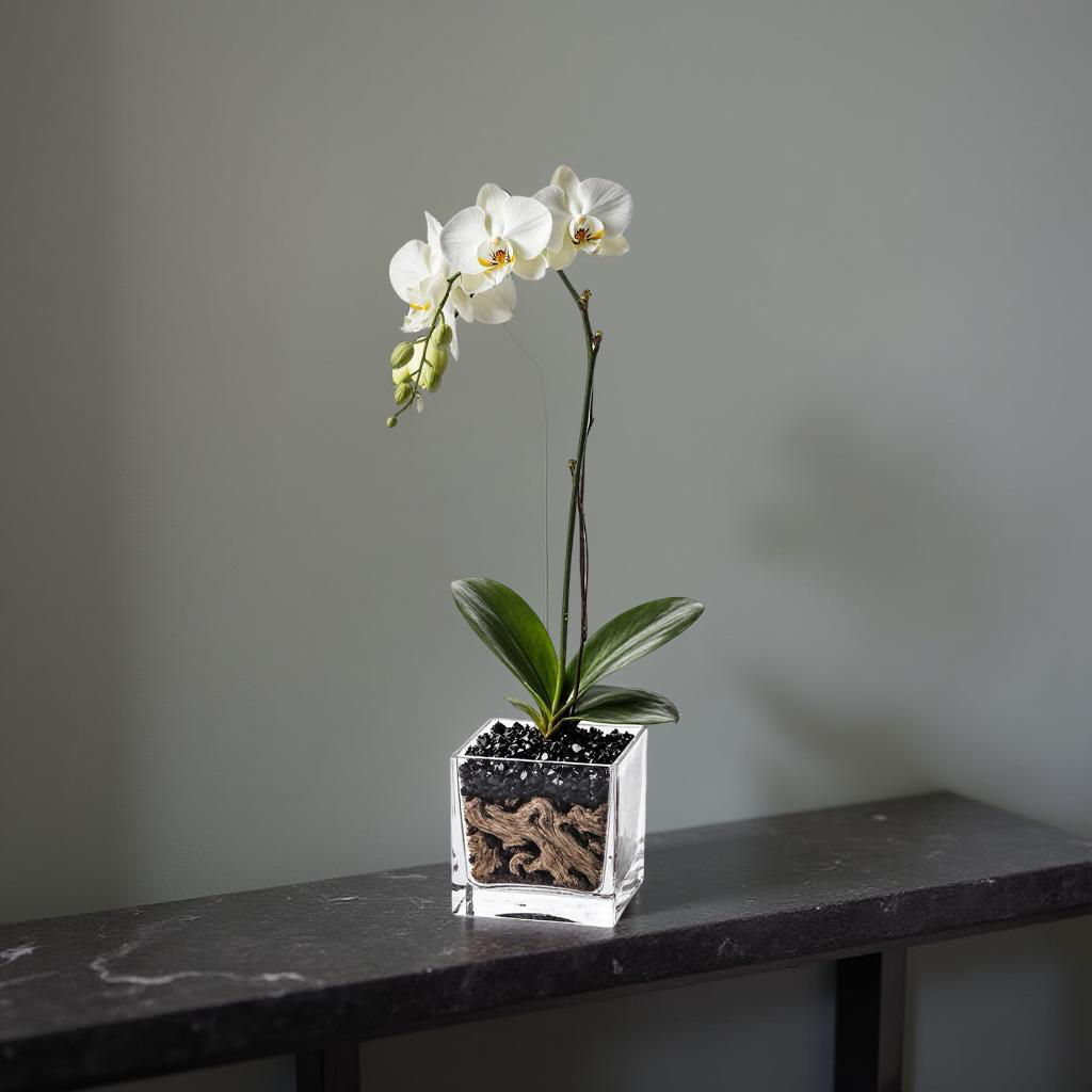Live White Orchid with Black Obsidian Crystal Accent - Single Stem
