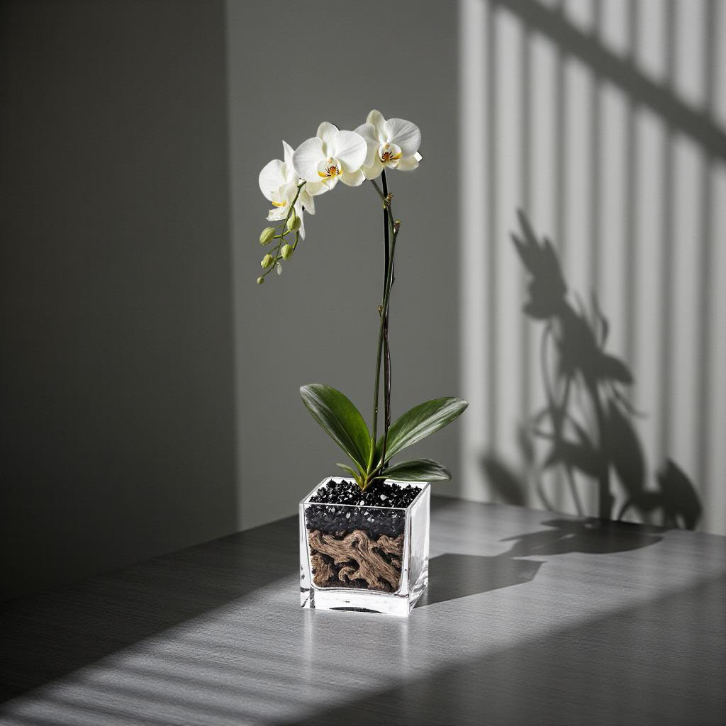Live White Orchid with Black Obsidian Crystal Accent - Single Stem