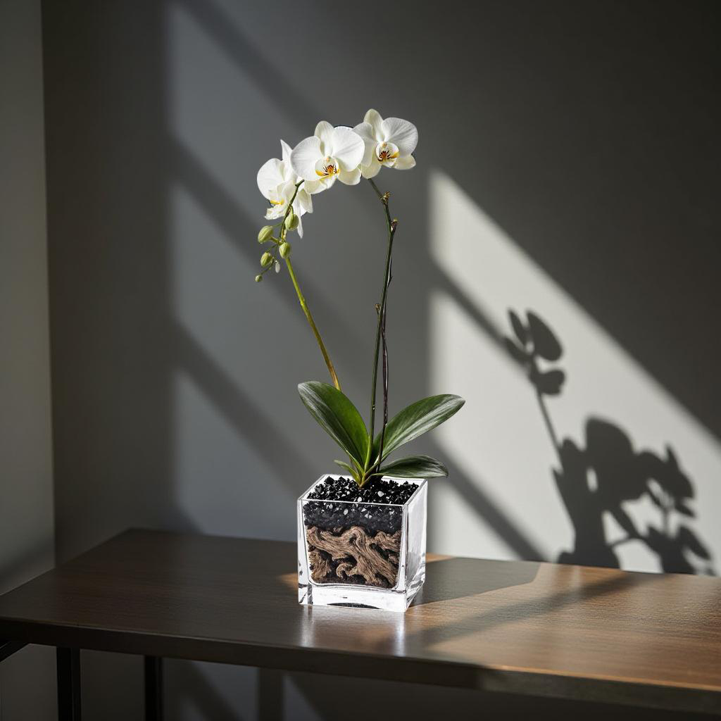 Live White Orchid with Black Obsidian Crystal Accent - Single Stem