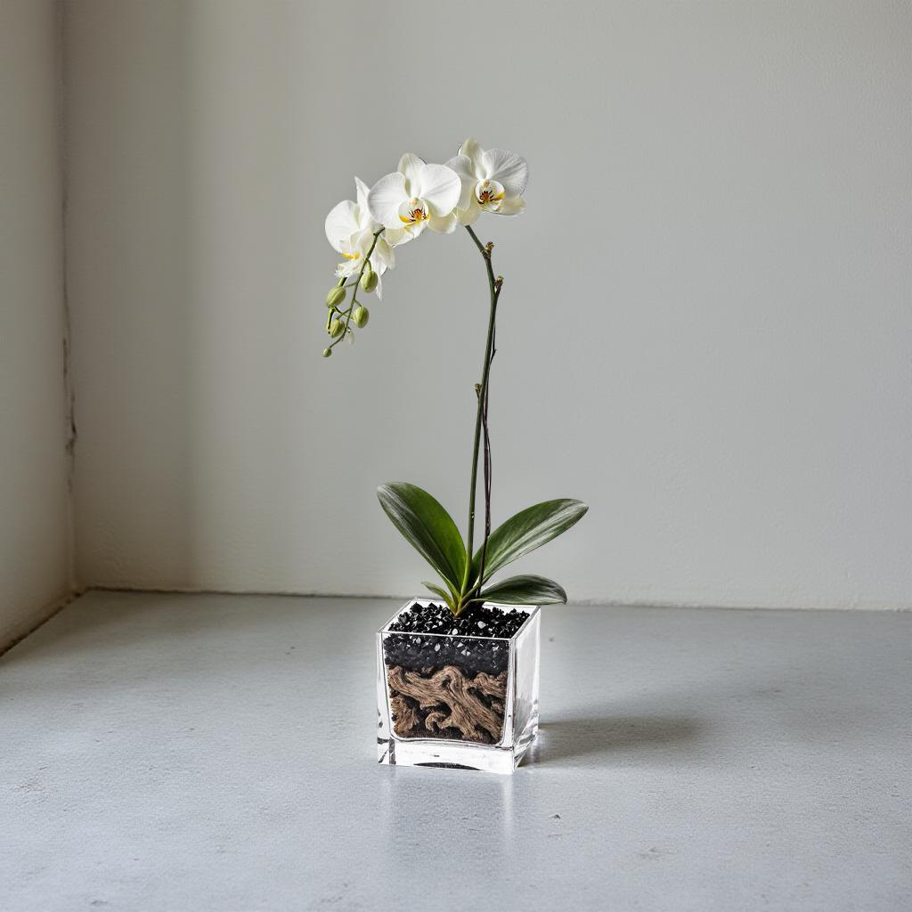 Live White Orchid with Black Obsidian Crystal Accent - Single Stem