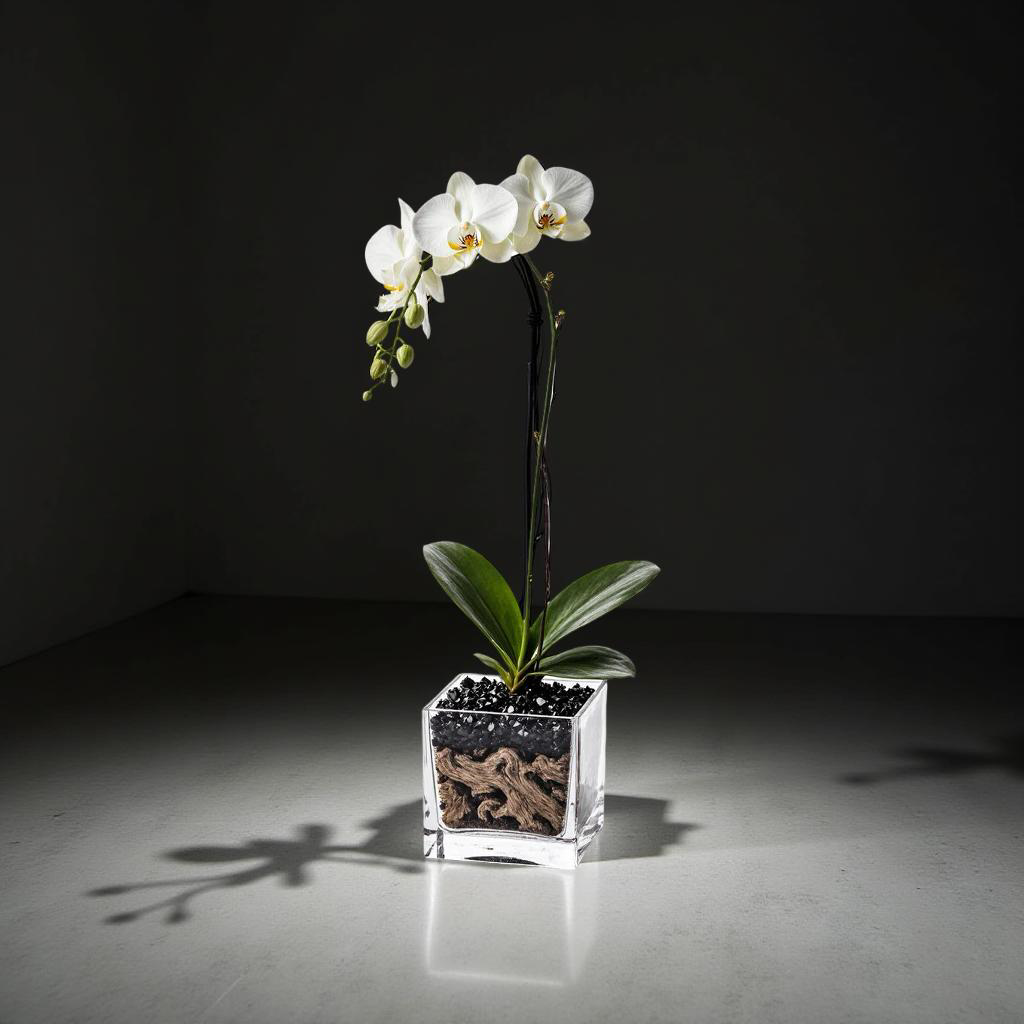 Live White Orchid with Black Obsidian Crystal Accent - Single Stem
