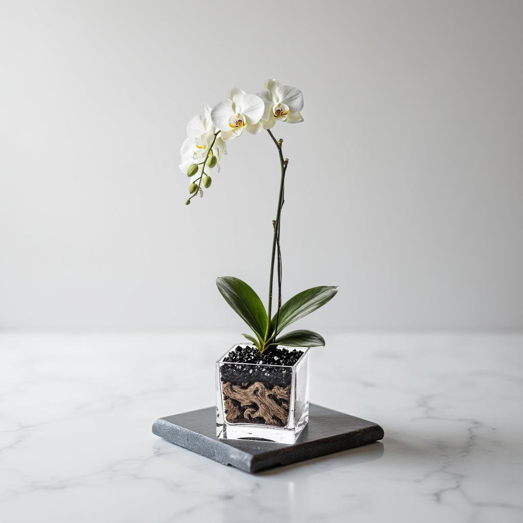 Live White Orchid with Black Obsidian Crystal Accent - Single Stem