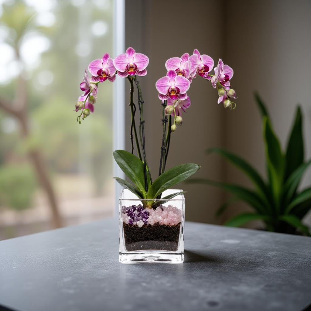 Live Double Stem Phalaenopsis Orchid Plant - Premium Indoor Flowering Plant with Crystal Accents, Easy Care Houseplant for Home Office Decor