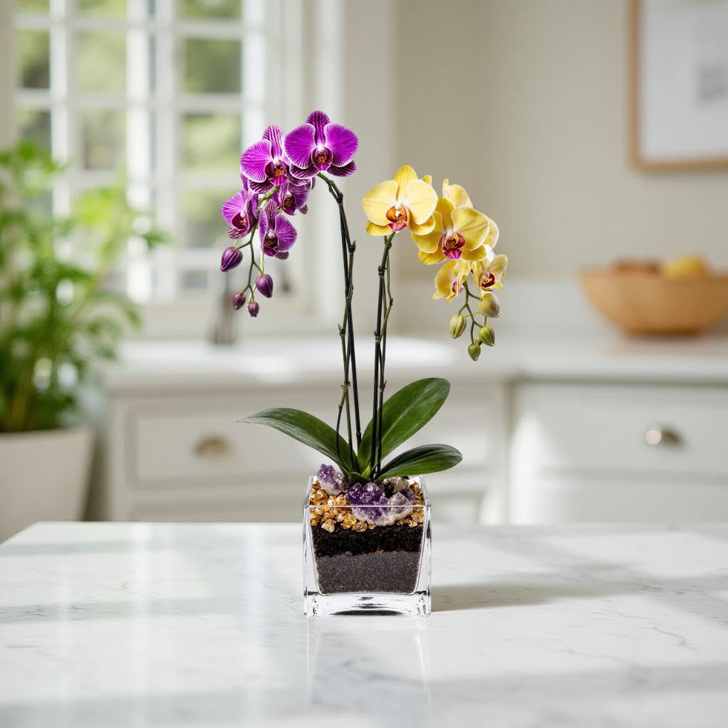 Live Double Stem Phalaenopsis Orchid Plant - Premium Indoor Flowering Plant with Crystal Accents, Easy Care Houseplant for Home Office Decor