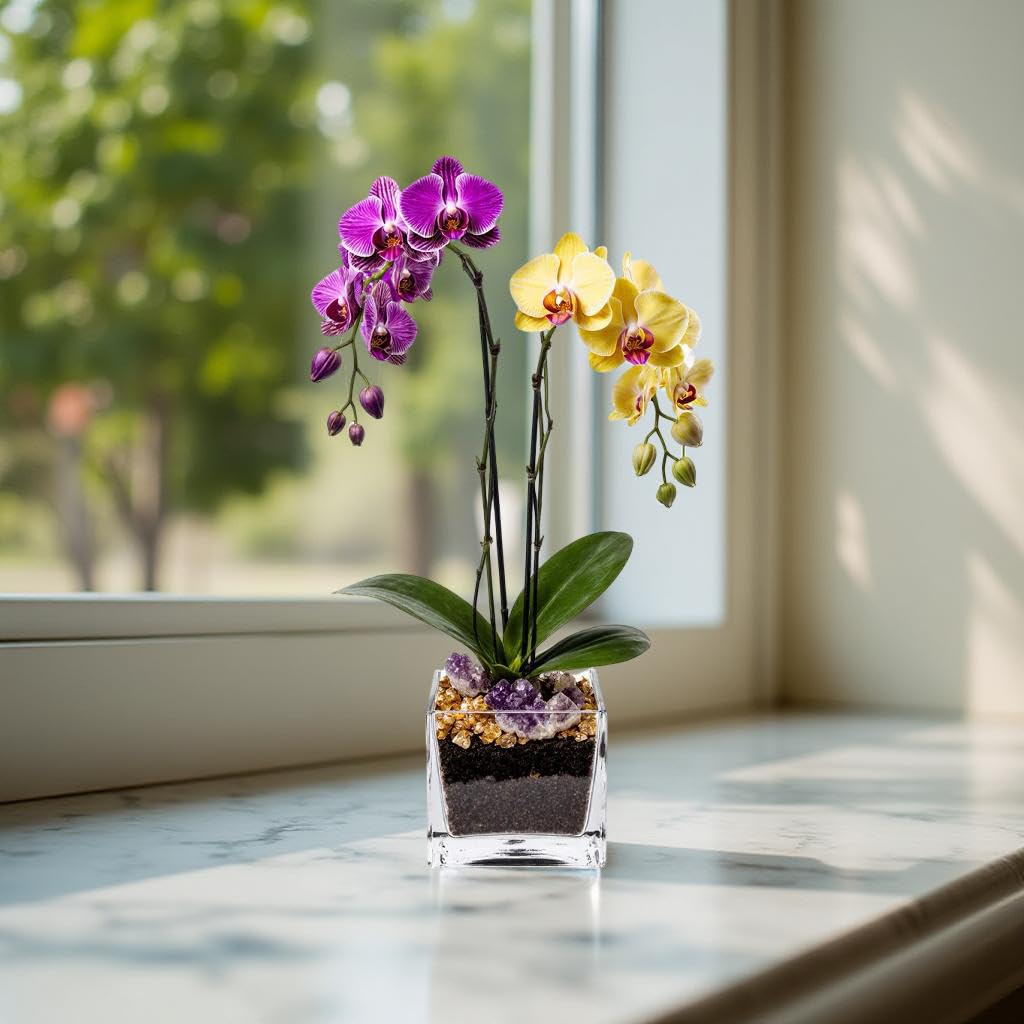 Live Double Stem Phalaenopsis Orchid Plant - Premium Indoor Flowering Plant with Crystal Accents, Easy Care Houseplant for Home Office Decor